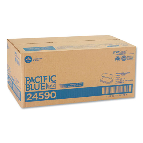 Picture of Pacific Blue Basic M-Fold Paper Towels, 1-Ply, 9.2 x 9.4, White, 250/Pack, 16 Packs/Carton