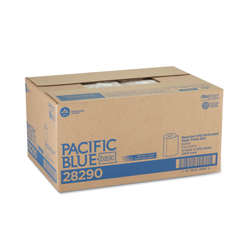 Picture of Pacific Blue Basic Jumbo Perforated Kitchen Roll Paper Towels, 2-Ply, 11 x 8.8, Brown, 250/Roll, 12 Rolls/Carton