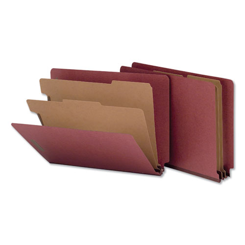 Picture of Red Pressboard End Tab Classification Folders, 2" Expansion, 2 Dividers, 6 Fasteners, Letter Size, Red Exterior, 10/Box