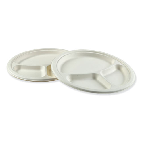 Picture of Bagasse Dinnerware, 3-Compartment Plate, 10" dia, White, 500/Carton