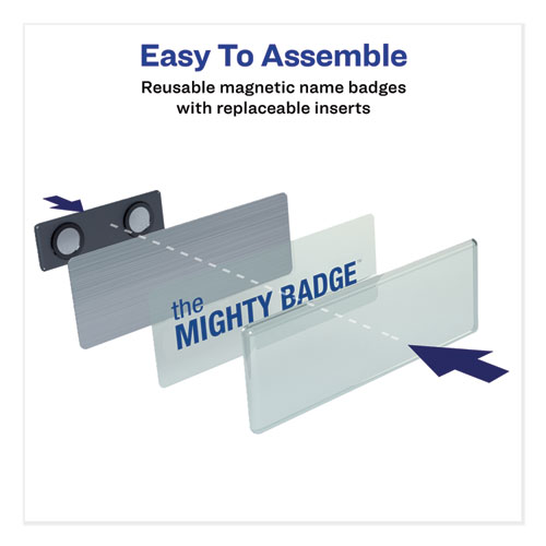 Picture of The Mighty Badge Name Badge Holder Kit, Horizontal, 3 x 1, Inkjet, Silver, 10 Holders/ 80 Inserts