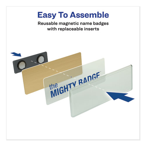 Picture of The Mighty Badge Name Badge Holder Kit, Horizontal, 3 x 1, Inkjet, Gold, 10 Holders/ 80 Inserts