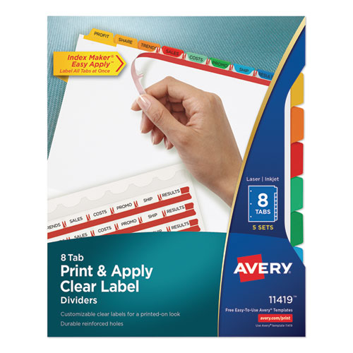 Picture of Print and Apply Index Maker Clear Label Dividers, 8-Tab, Color Tabs, 11 x 8.5, White, Traditional Color Tabs, 5 Sets