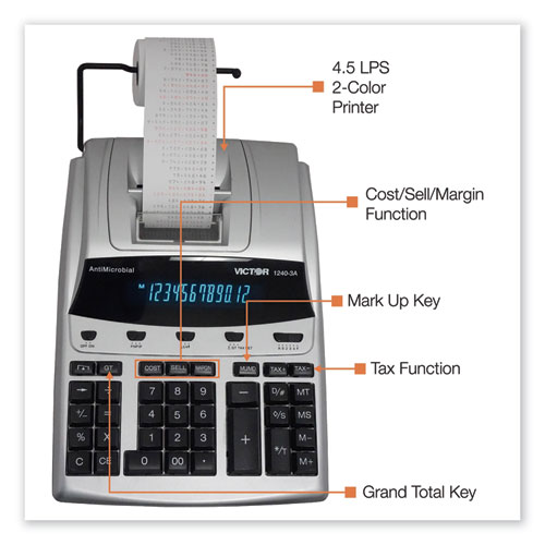 Picture of 1240-3A Antimicrobial Printing Calculator, Black/Red Print, 4.5 Lines/Sec