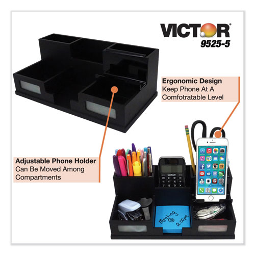 Picture of Midnight Black Desk Organizer with Smartphone Holder, 6 Compartments, Wood, 10.5 x 5.5 x 4