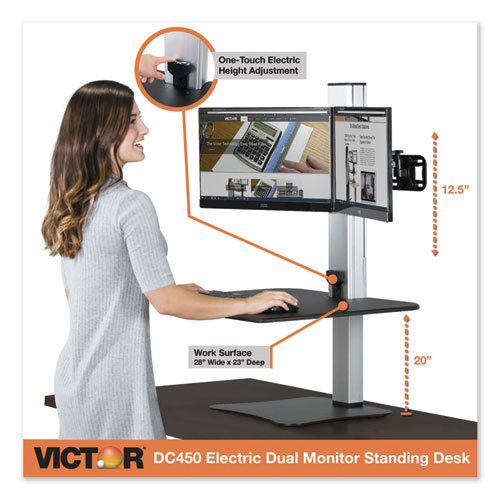 Picture of High Rise Electric Dual Monitor Standing Desk Workstation, 28" x 23" x 20.25", Black/Aluminum