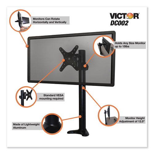 Picture of Single/Dual Arm Mount System for 23" Monitors, 180 deg; 225 deg Rotation, 45 deg Tilt, 360 deg Pan, Black, Supports 15 lb