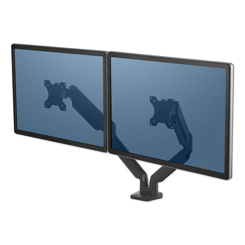 Picture of Platinum Series Dual Monitor Arm for 27" Monitors, 360 deg Rotation, +85 deg/-20 deg Tilt, 360 deg Pan, Black, Supports 20 lb