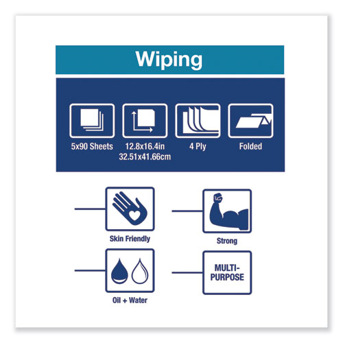 Picture of Industrial Paper Wiper, 4-Ply, 12.8 x 16.4, Unscented, Blue, 90/Pack, 5 Packs/Carton