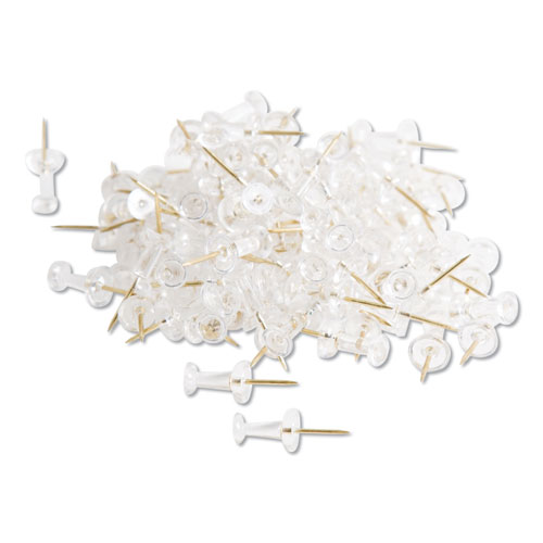 Picture of Standard Push Pins, Plastic, Clear, Clear Head/Gold Pin, 0.44", 100/Pack