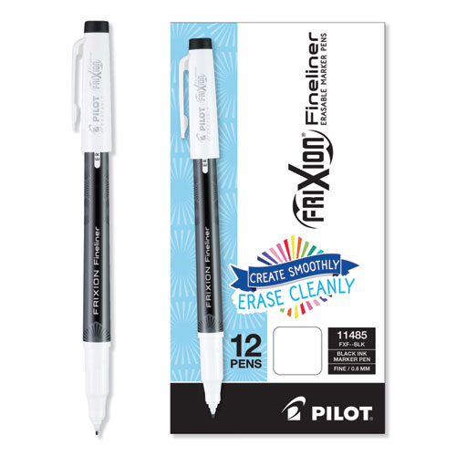 Picture of FriXion Fineliner Erasable Porous Point Pen, Stick, Fine 0.6 mm, Black Ink, Black/White Barrel, Dozen