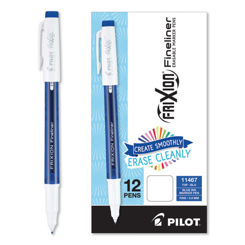 Picture of FriXion Fineliner Erasable Porous Point Pen, Stick, Fine 0.6 mm, Blue Ink, Blue/White Barrel, Dozen