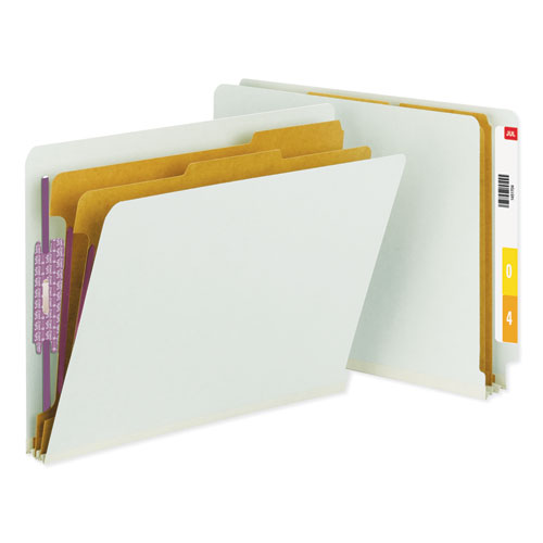 Picture of End Tab Pressboard Classification Folders, Six SafeSHIELD Fasteners, 2" Expansion, 2 Dividers, Letter Size, Gray-Green, 10/BX