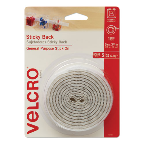 Sticky-Back+Fasteners+With+Dispenser%2C+Removable+Adhesive%2C+0.75%26quot%3B+X+5+Ft%2C+White