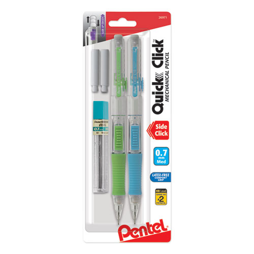 QUICK+CLICK+Mechanical+Pencils+with+Tube+of+Lead%2FErasers%2C+0.7+mm%2C+HB+%28%232%29%2C+Black+Lead%2C+Assorted+Barrel+Colors%2C+2%2FPack