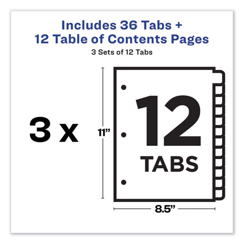 Picture of Customizable Table of Contents Ready Index Dividers with Multicolor Tabs, 12-Tab, 1 to 12, 11 x 8.5, White, 3 Sets