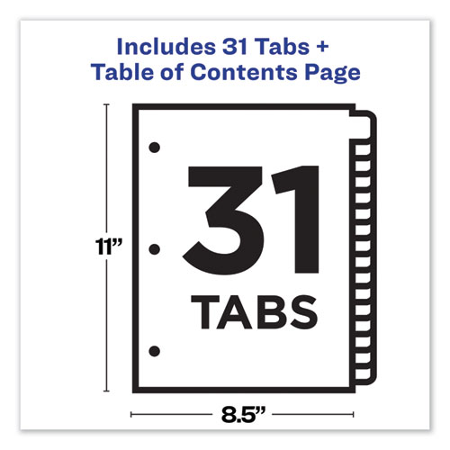 Picture of Customizable TOC Ready Index Multicolor Tab Dividers, 31-Tab, 1 to 31, 11 x 8.5, White, Traditional Color Tabs, 1 Set