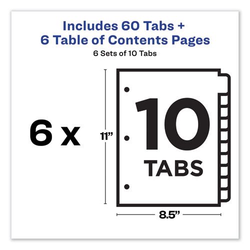 Picture of Customizable TOC Ready Index Multicolor Tab Dividers, 10-Tab, 1 to 10, 11 x 8.5, White, Traditional Color Tabs, 6 Sets