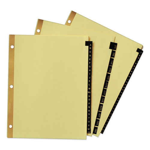 Picture of Preprinted Black Leather Tab Dividers w/Gold Reinforced Edge, 12-Tab, Jan. to Dec., 11 x 8.5, Buff, 1 Set