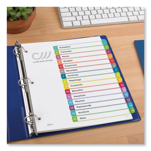 Picture of Customizable TOC Ready Index Multicolor Tab Dividers, 15-Tab, 1 to 15, 11 x 8.5, White, Contemporary Color Tabs, 1 Set