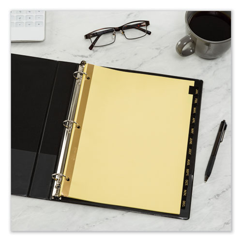 Picture of Preprinted Black Leather Tab Dividers w/Gold Reinforced Edge, 12-Tab, Jan. to Dec., 11 x 8.5, Buff, 1 Set