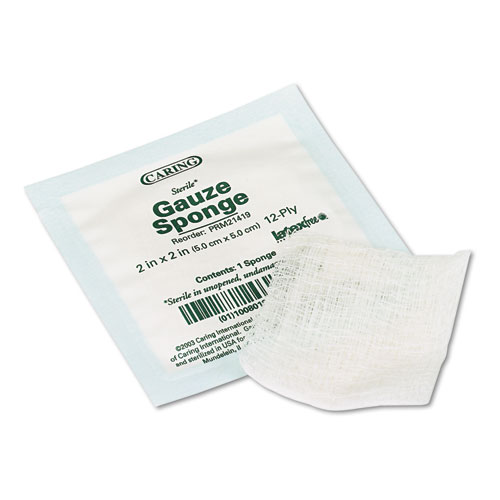 Picture of Caring Woven Gauze Sponges, Sterile, 12-Ply, 2 x 2, 2,400/Carton