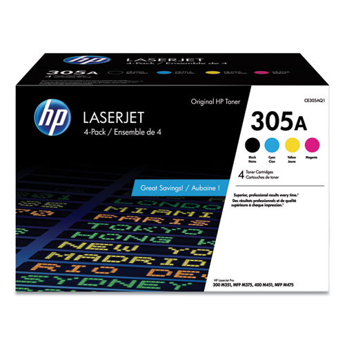 Picture of HP 305A, (CE305A-Q) 4-Pack Black/Cyan/Magenta/Yellow Original LaserJet Toner Cartridges