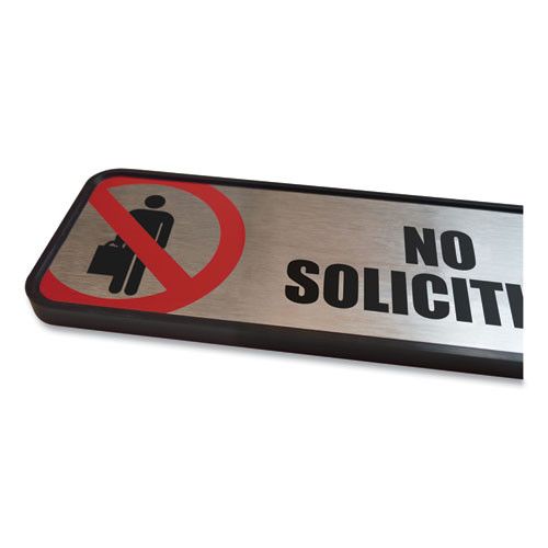 Picture of Brushed Metal Office Sign, No Soliciting, 9 x 3, Silver/Red