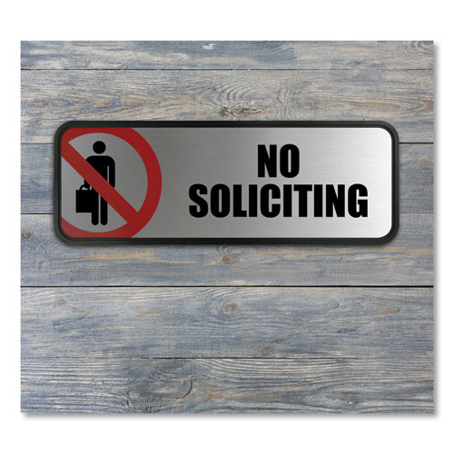 Picture of Brushed Metal Office Sign, No Soliciting, 9 x 3, Silver/Red