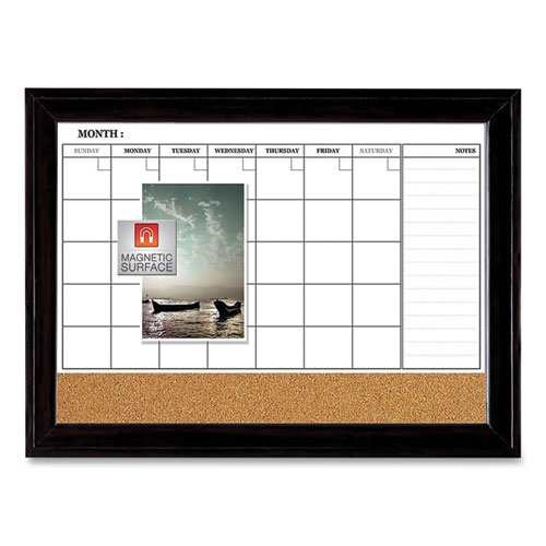 Picture of Magnetic Combination Dry Erase Calendar/Cork Board, 35 x 23, Tan/White Surface, Black Wood Frame