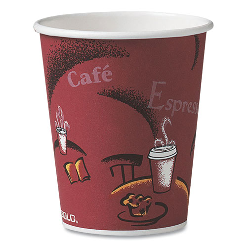 Picture of Paper Hot Drink Cups in Bistro Design, 10 oz, Maroon, 1,000/Carton