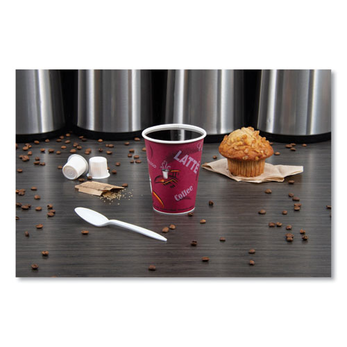 Picture of Paper Hot Drink Cups in Bistro Design, 12 oz, Maroon, 50/Bag, 20 Bags/Carton