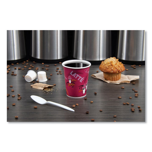 Picture of Paper Hot Drink Cups in Bistro Design, 10 oz, Maroon, 1,000/Carton