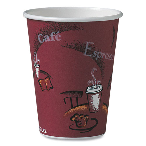 Picture of Paper Hot Drink Cups in Bistro Design, 12 oz, Maroon, 50/Bag, 20 Bags/Carton