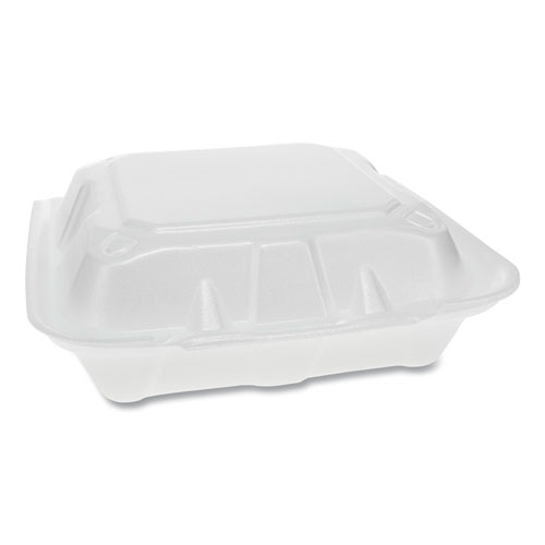 Picture of Vented Foam Hinged Lid Container, Dual Tab Lock, 3-Compartment, 8.42 x 8.15 x 3, White, 150/Carton