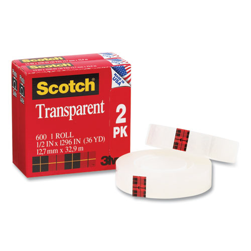 Picture of Transparent Tape, 1" Core, 0.5" x 36 yds, Crystal Clear, 2/Pack