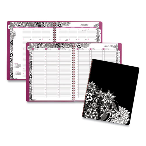 Floradoodle+Weekly%2FMonthly+Professional+Planner%2C+Adult+Coloring+Artwork%2C+11+x+8.5%2C+Black%2FWhite+Cover%2C+12-Month+%28Jan-Dec%29%3A2024