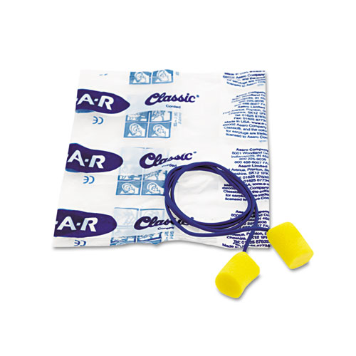 Picture of E-A-R Classic Earplugs, Corded, PVC Foam, Yellow, 200 Pairs/Box