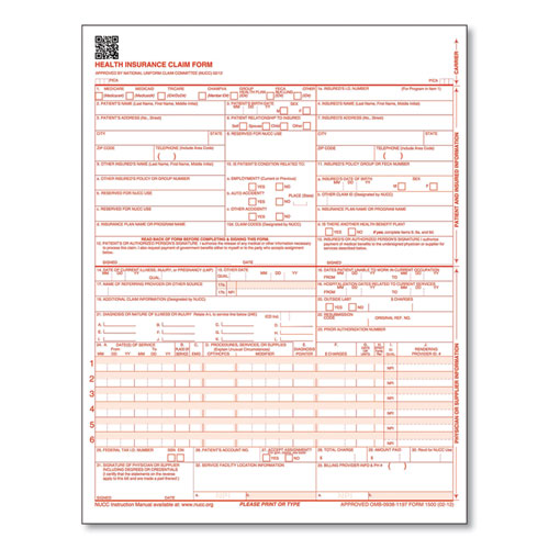 Picture of CMS-1500 Health Insurance Claim Form, One-Part (No Copies), 8.5 x 11, 250 Forms Total