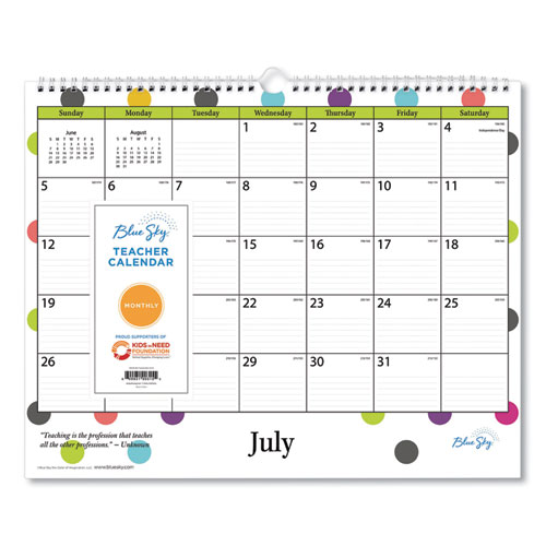 Picture of Academic Wall Calendar, Teacher Dots Artwork/Formatting, 15 x 12, White/Multicolor Sheets, 12-Month (July-June): 2021-2022
