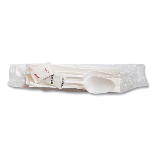 Picture of Mediumweight Cutlery Kit, Fork/Knife/Napkin/Pepper/Salt/Spoon, Plastic, White, 250/Carton