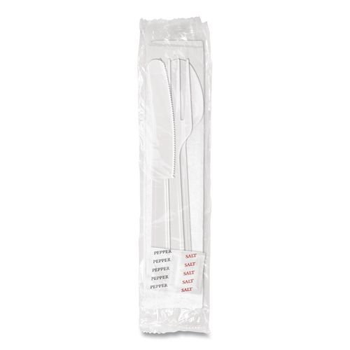 Picture of Medium Heavyweight Cutlery Kit, Fork/Knife/Napkin/Pepper/Salt/Spoon, Plastic, White, 250/Carton