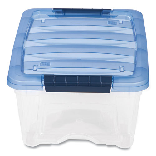 Picture of Stack and Pull Latching Flat Lid Storage Box, 3.23 gal, 10.9" x 16.5" x 6.5", Clear/Translucent Blue