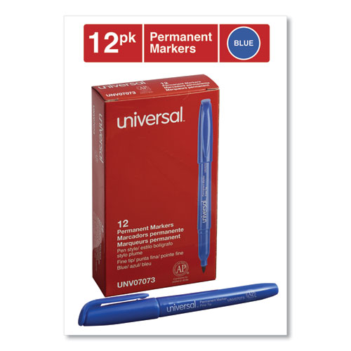 Picture of Pen-Style Permanent Marker, Fine Bullet Tip, Blue, Dozen