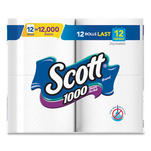 Picture of Toilet Paper, Septic Safe, 1-Ply, White, 1,000 Sheets/Roll, 12 Rolls/Pack, 4 Pack/Carton