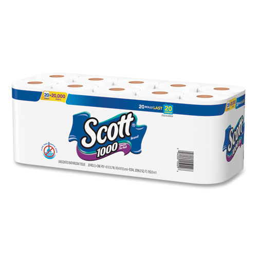 Picture of Standard Roll Bathroom Tissue, Septic Safe, 1-Ply, White, 1,000 Sheets/Roll, 20/Pack, 2 Packs/Carton