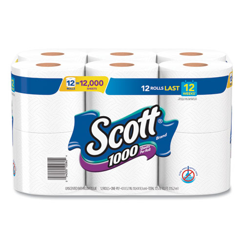 Picture of Toilet Paper, Septic Safe, 1-Ply, White, 1,000 Sheets/Roll, 12 Rolls/Pack, 4 Pack/Carton