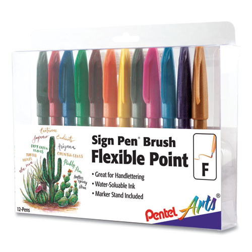 Picture of Sign Pen Brush Flexible Point Marker Pen, Fine Brush Tip, Assorted Colors, Dozen