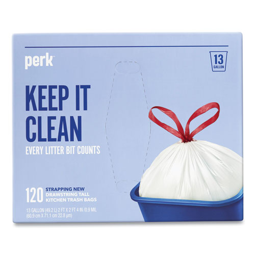 Picture of Drawstring Tall Kitchen Trash Bags, 13 gal, 28" x 24", White, 120/Box