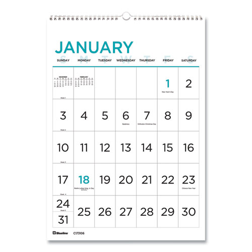 Picture of 12-Month Large Print Wall Calendar, Large Print Formatting, 12 x 17, White/Blue Sheets, 12-Month (Jan to Dec): 2022